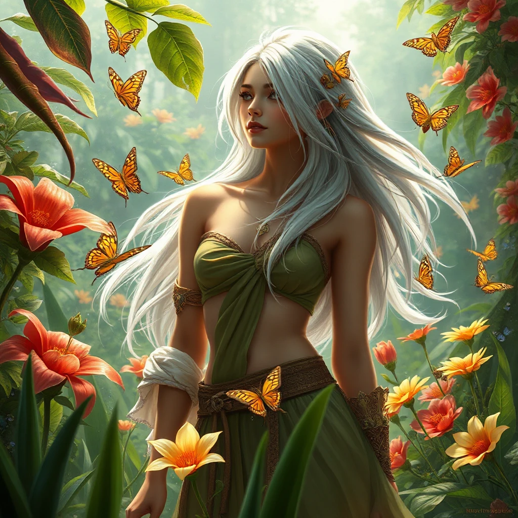 Ciri in a lush garden filled with exotic flowers and fluttering butterflies, her hair flowing gently in the breeze