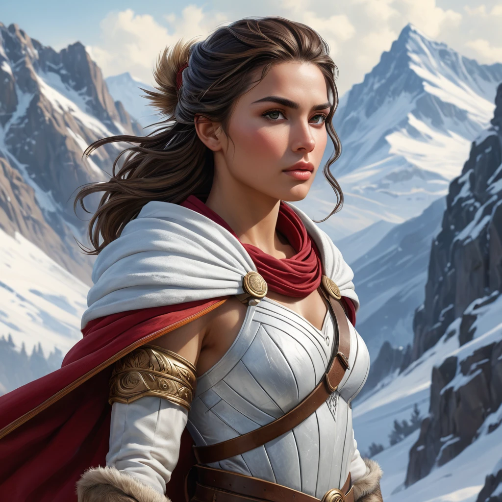 Kassandra in a snowy mountain landscape, her breath visible in the cold air, navigating through treacherous terrain, showcasing her resilience and survival skills