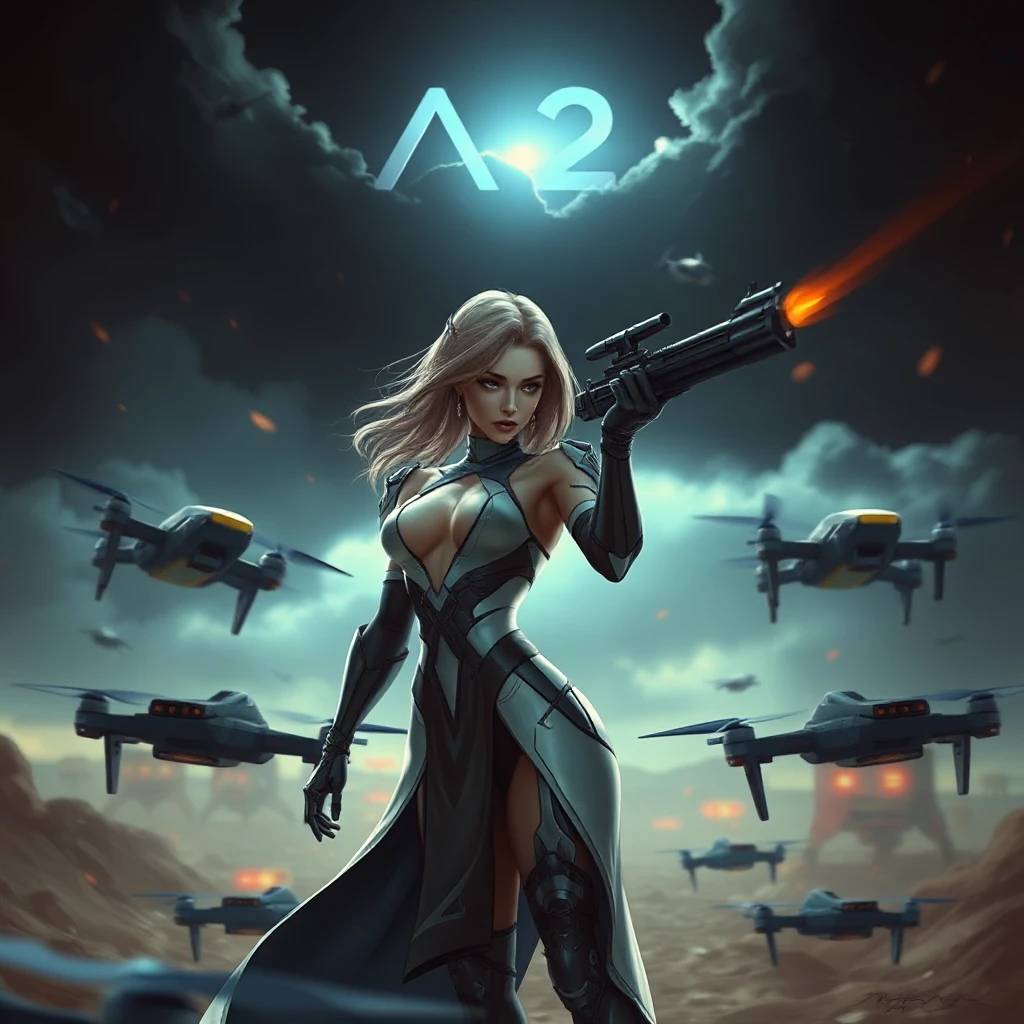 A cinematic scene where A2 is surrounded by a swarm of enemy drones, her weapon drawn, with a dramatic spotlight highlighting her against the dark, stormy sky.