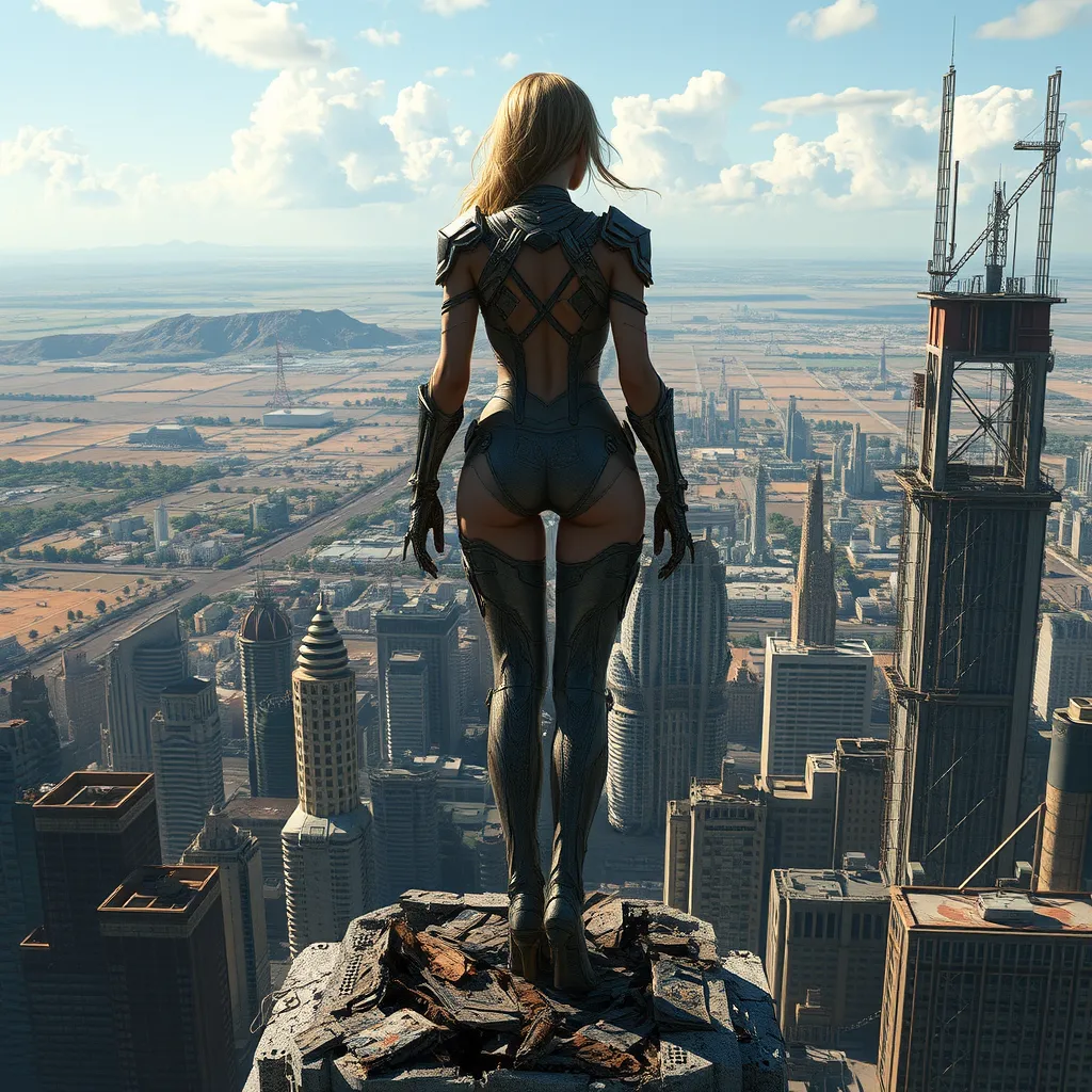 A2 standing atop a ruined skyscraper, the horizon behind her a blend of natural landscapes and the metallic structures of a post-apocalyptic world.