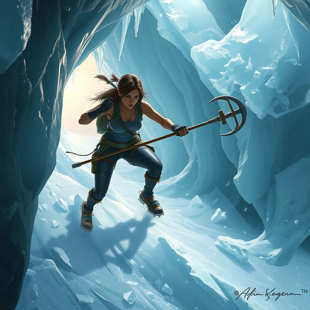 A dynamic scene of Lara Croft navigating a treacherous ice cave, her ice pick and crampons in use, with ice formations glittering in the light.