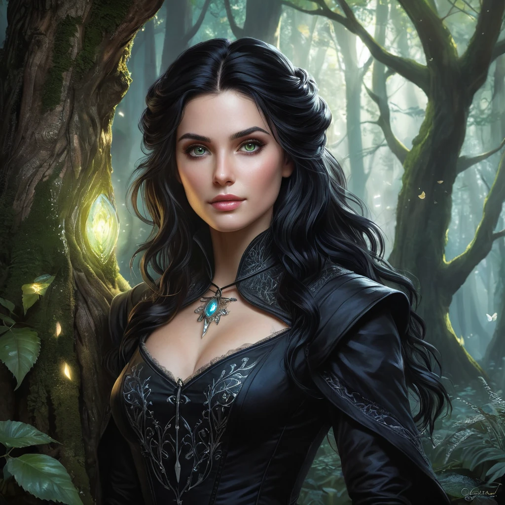 Yennefer in a mystical forest, surrounded by glowing fairies and ancient trees, her eyes reflecting the magical aura