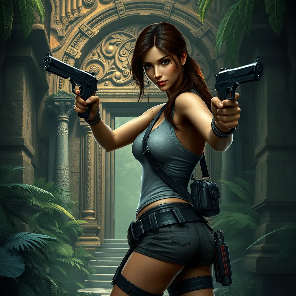 Lara Croft in a classic adventure pose, her iconic dual pistols drawn, standing before an ancient, ornate temple entrance hidden in a dense jungle.