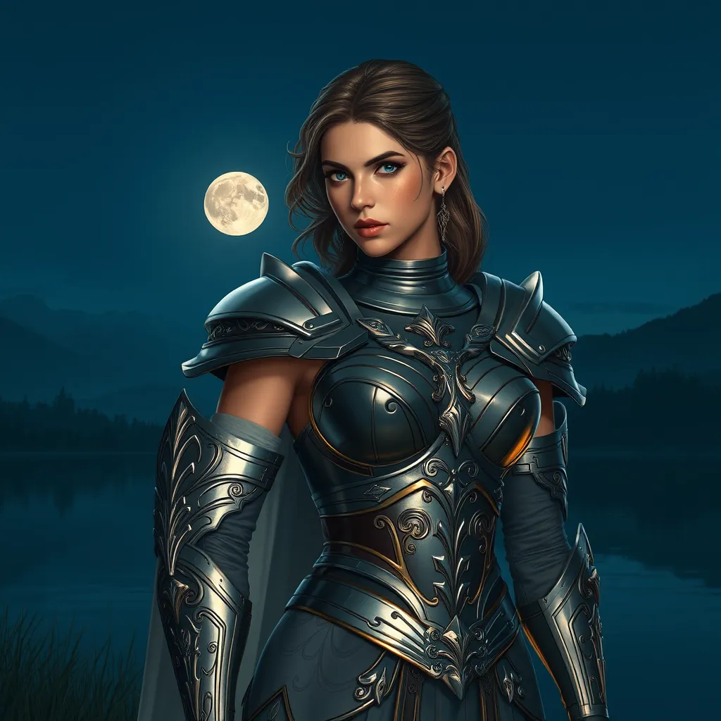 Kassandra on a quiet evening by a serene lake, her armor reflecting the moonlight, creating a peaceful yet powerful portrait of her character