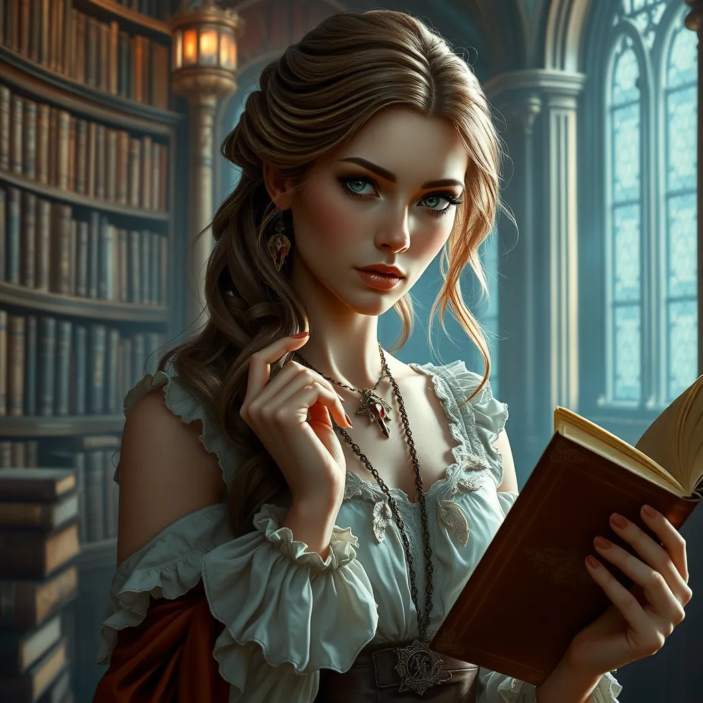 Triss in a grand, magical library, her fingers tracing the spines of old tomes, her expression one of deep concentration