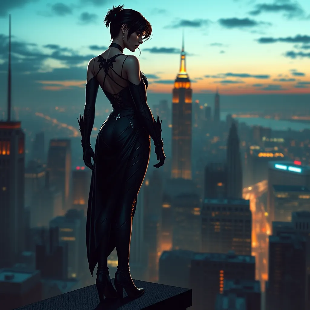 Cassandra Cain standing atop a city rooftop at twilight, the skyline of Gotham City illuminated behind her, her silhouette sharp against the urban glow.