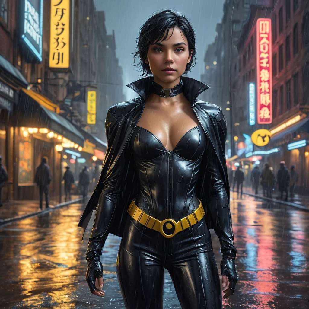 Cassandra Cain in a dramatic, cinematic style, standing on a rain-soaked street, the neon lights of Gotham City reflecting in puddles at her feet.