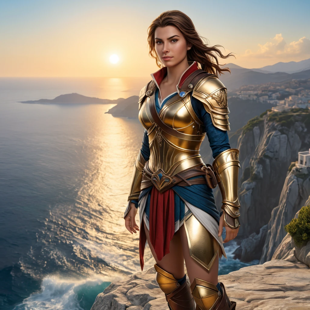 Kassandra from Assassin's Creed, standing atop a cliff overlooking the Aegean Sea, with the sun setting behind her, casting a golden glow on her armor and the waves below