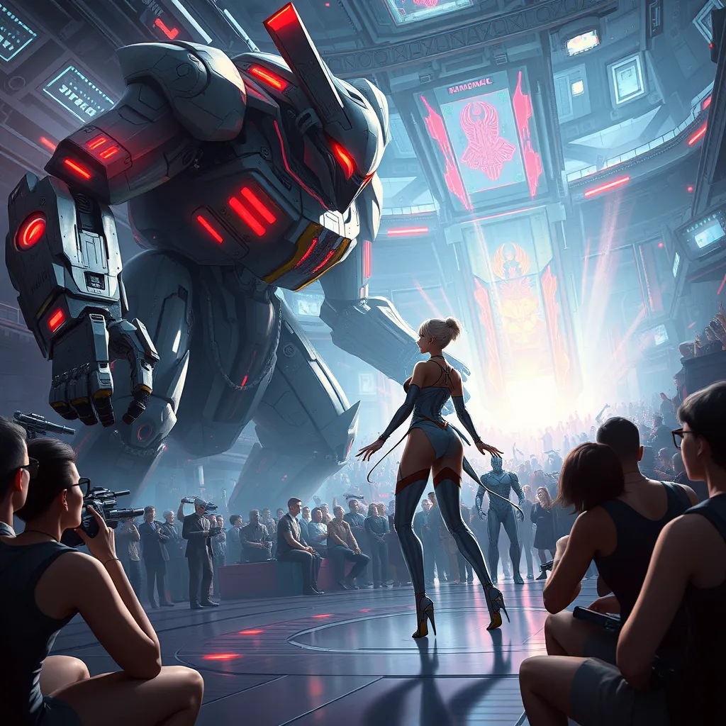 A futuristic battle arena where A2 faces off against a colossal, mechanized enemy, the audience a mix of human and android onlookers, cheering her on.