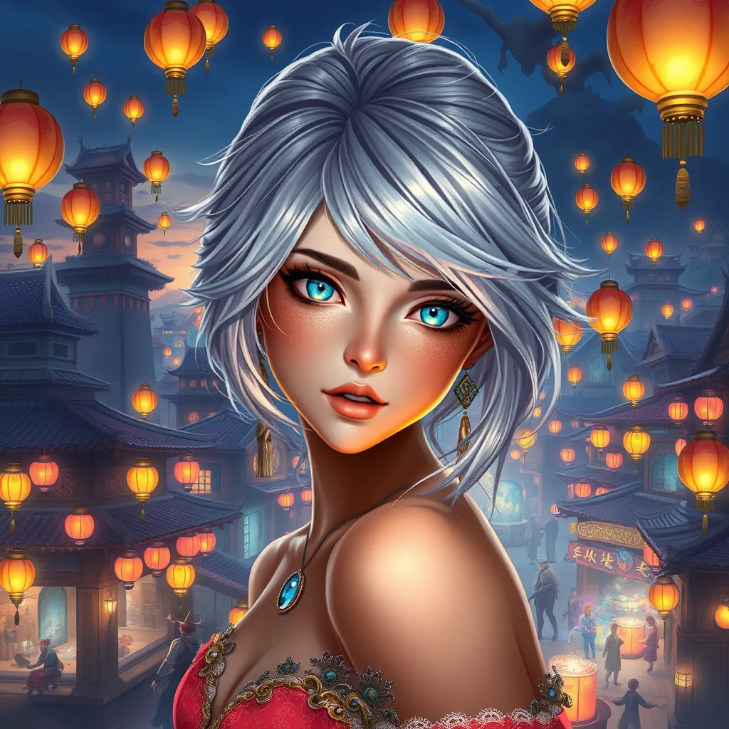 Ciri in a vibrant, magical city at dusk, surrounded by floating lanterns and bustling with mythical creatures, her eyes reflecting the city's lights