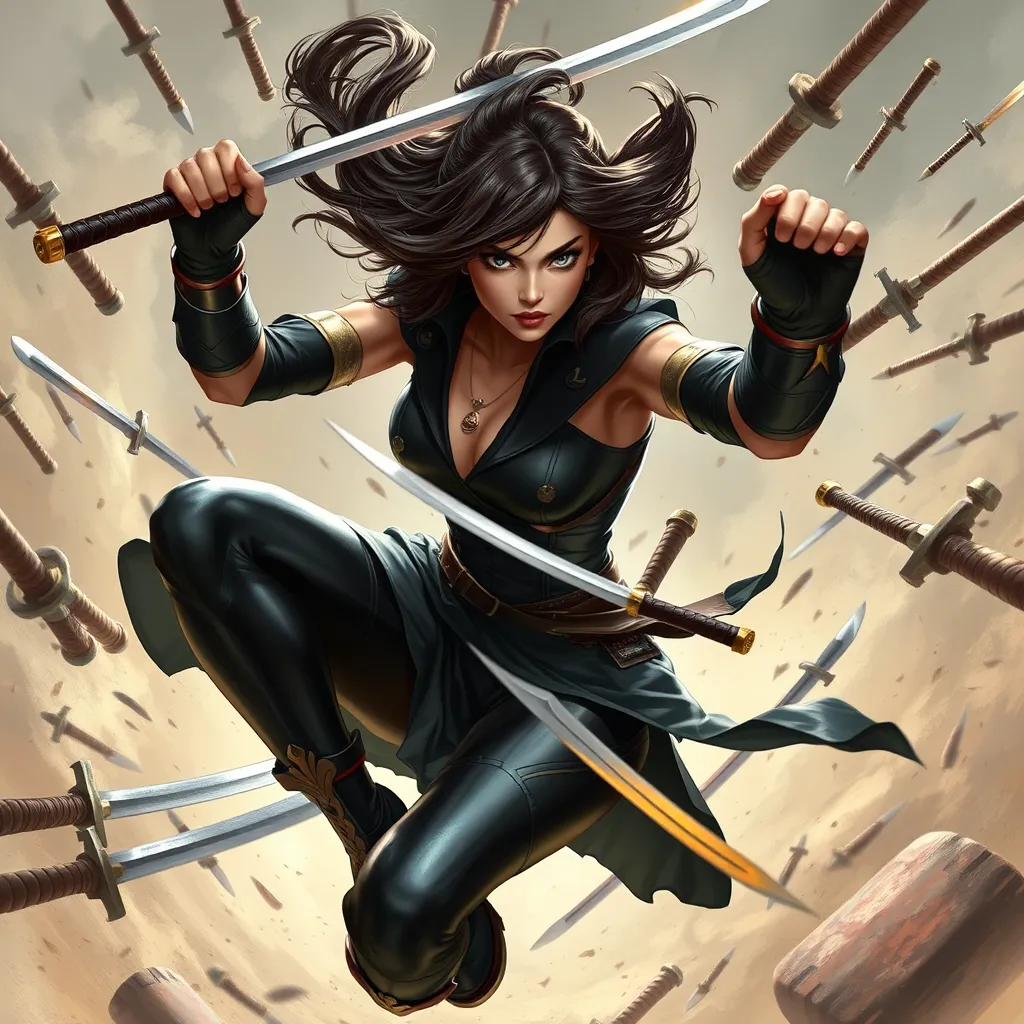 Cassandra Cain in a dynamic pose, mid-leap, surrounded by a flurry of martial arts weapons, her expression focused and intense.