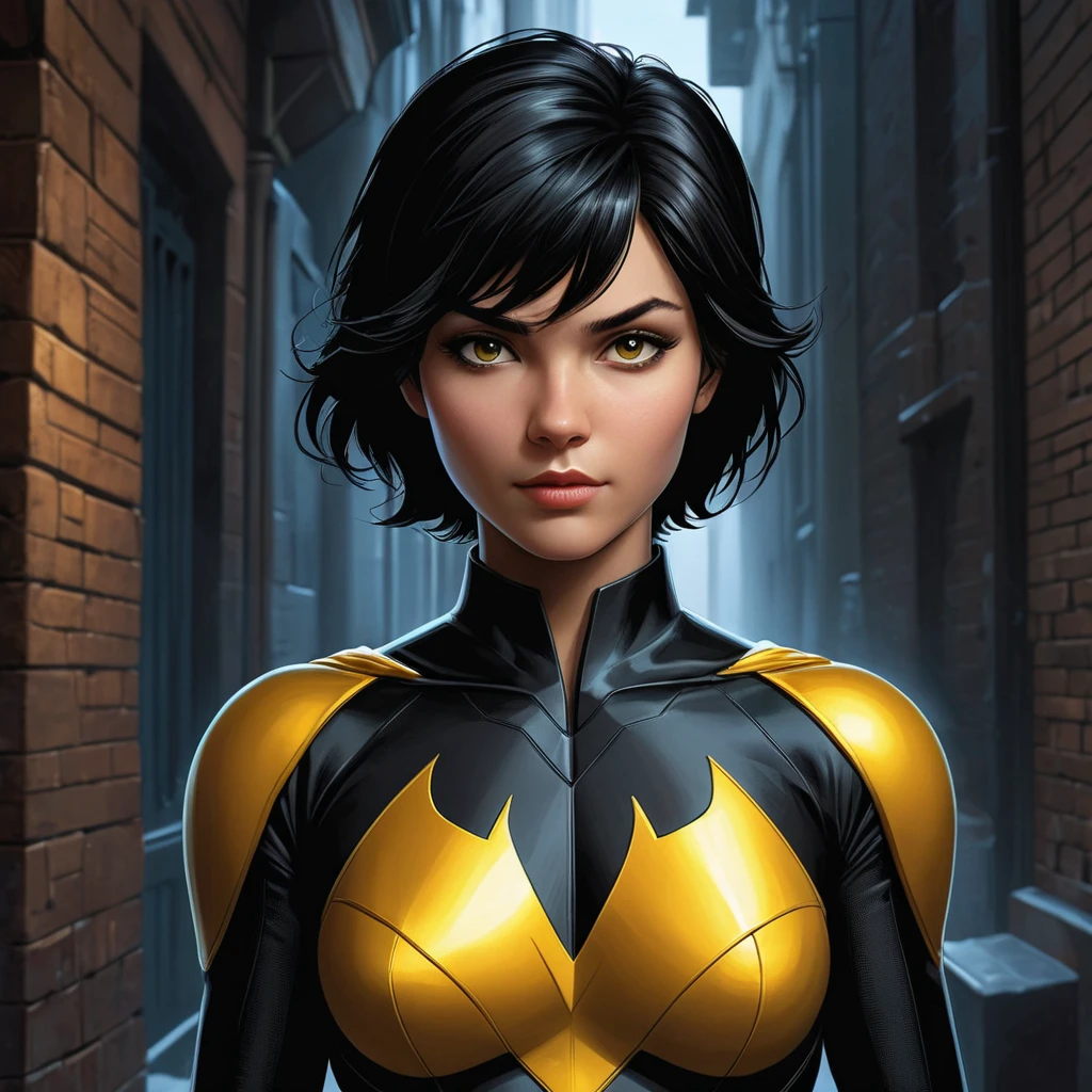 Cassandra Cain in a classic comic book style, rendered in vibrant colors, standing in a dark alley with a single beam of light highlighting her determined face.