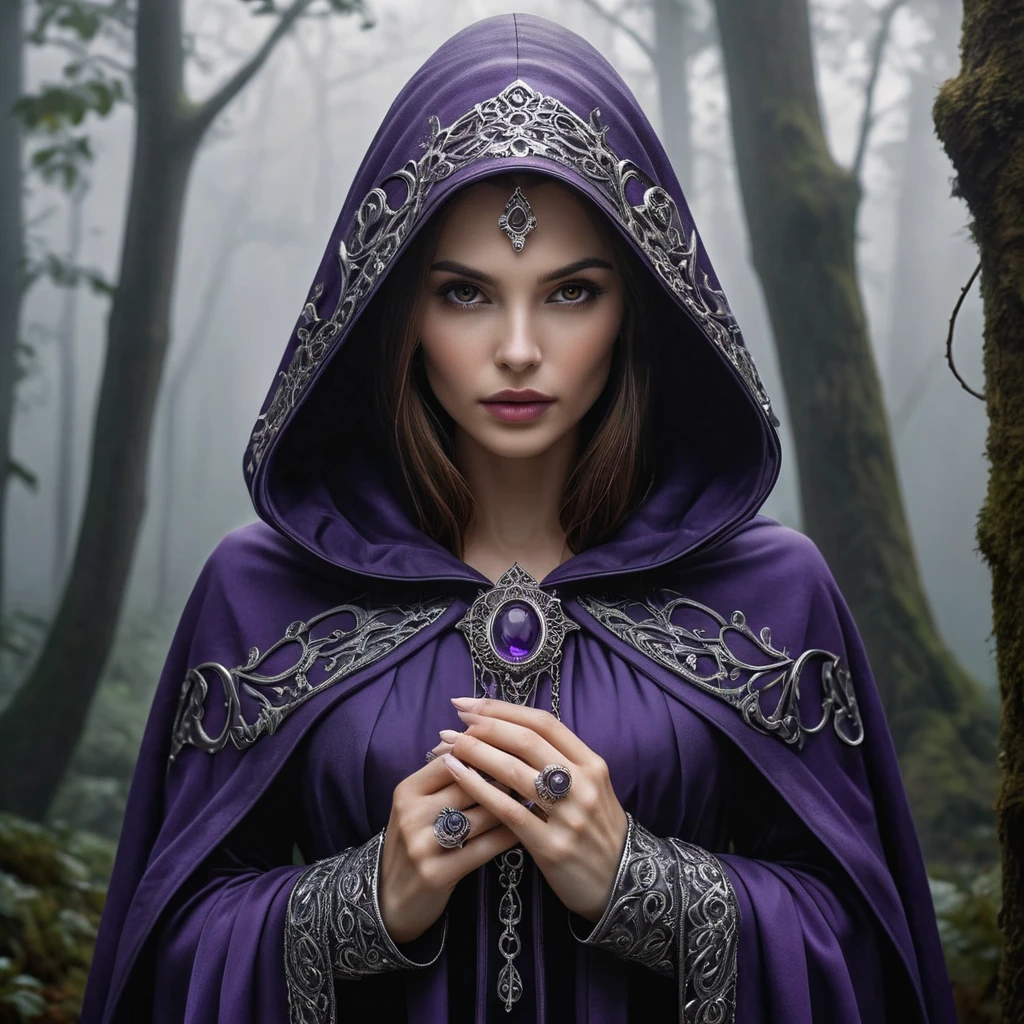 A mysterious female vampire, cloaked in a hooded cape of deep purple, standing at the edge of a foggy, enchanted forest, her hands adorned with silver rings, each engraved with ancient symbols of power.