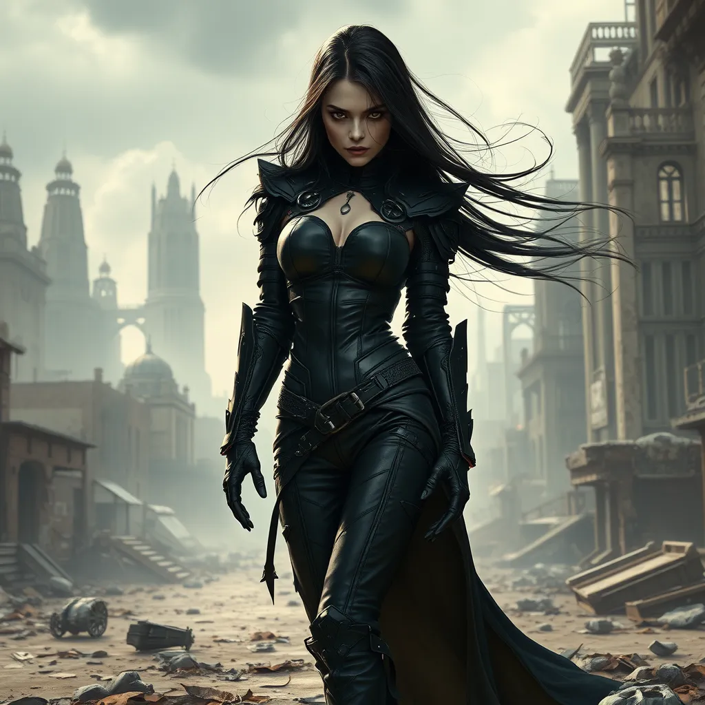 A fierce female vampire, clad in black leather armor, standing in a desolate, post-apocalyptic cityscape, her eyes piercing through the shadows, a gust of wind stirring her long, raven hair.