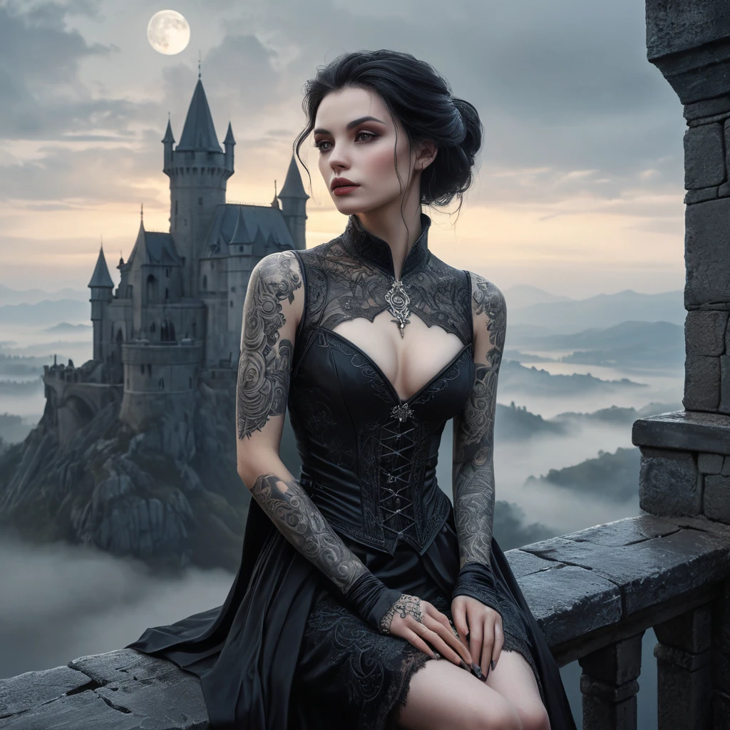 An ethereal female vampire, her skin pale as snow, adorned with intricate tattoos that shimmer in the moonlight, perched atop a crumbling castle turret, overlooking a misty, medieval landscape.