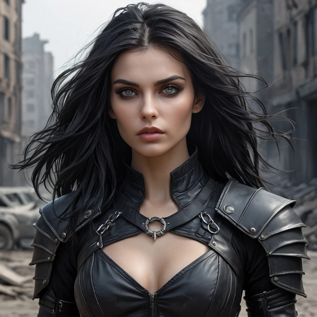 A fierce female vampire, clad in black leather armor, standing in a desolate, post-apocalyptic cityscape, her eyes piercing through the shadows, a gust of wind stirring her long, raven hair.