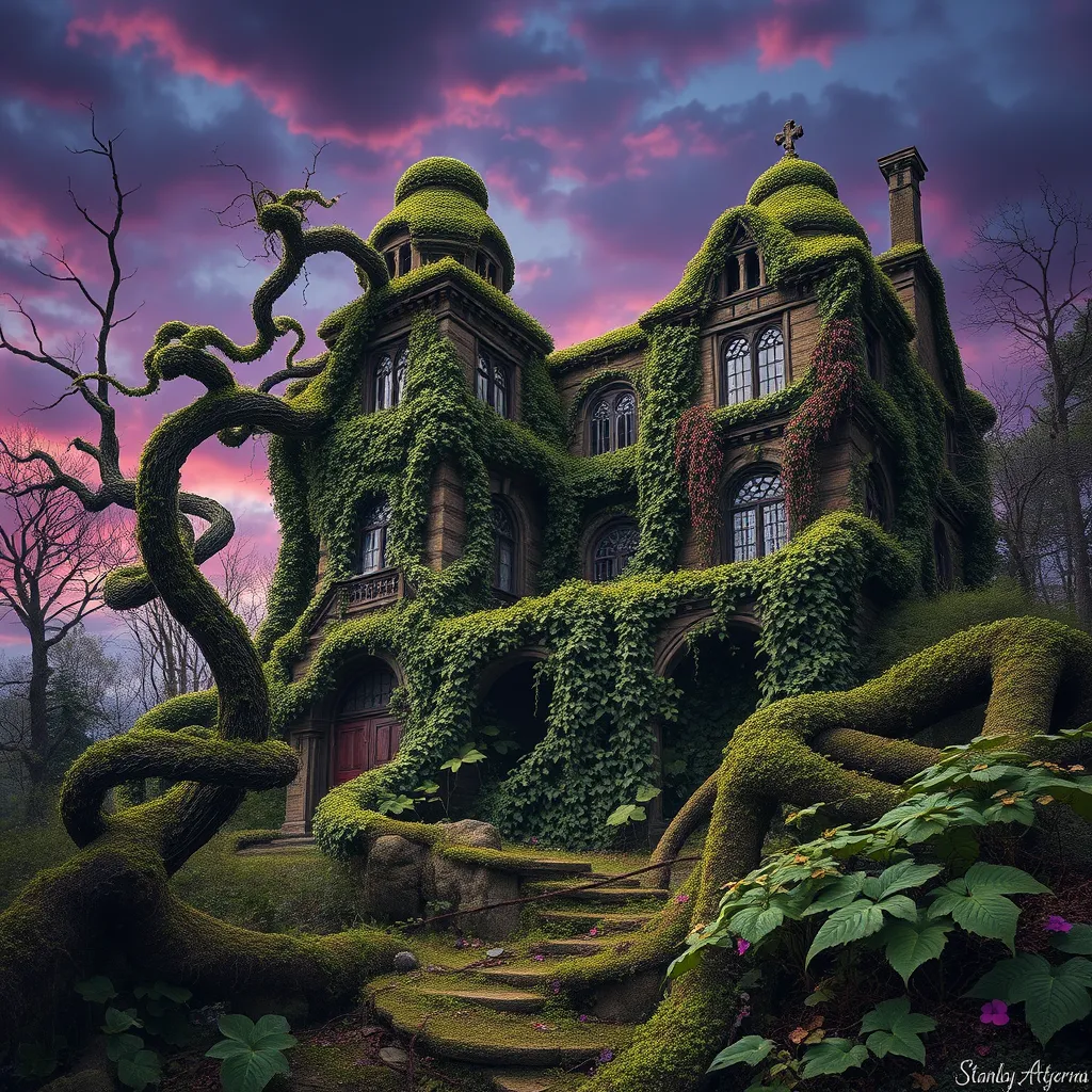 A surreal landscape where Poison Ivy vines twist and turn, creating a living tapestry against a backdrop of a crumbling Gothic mansion, the sky painted with hues of deep purple and blue.