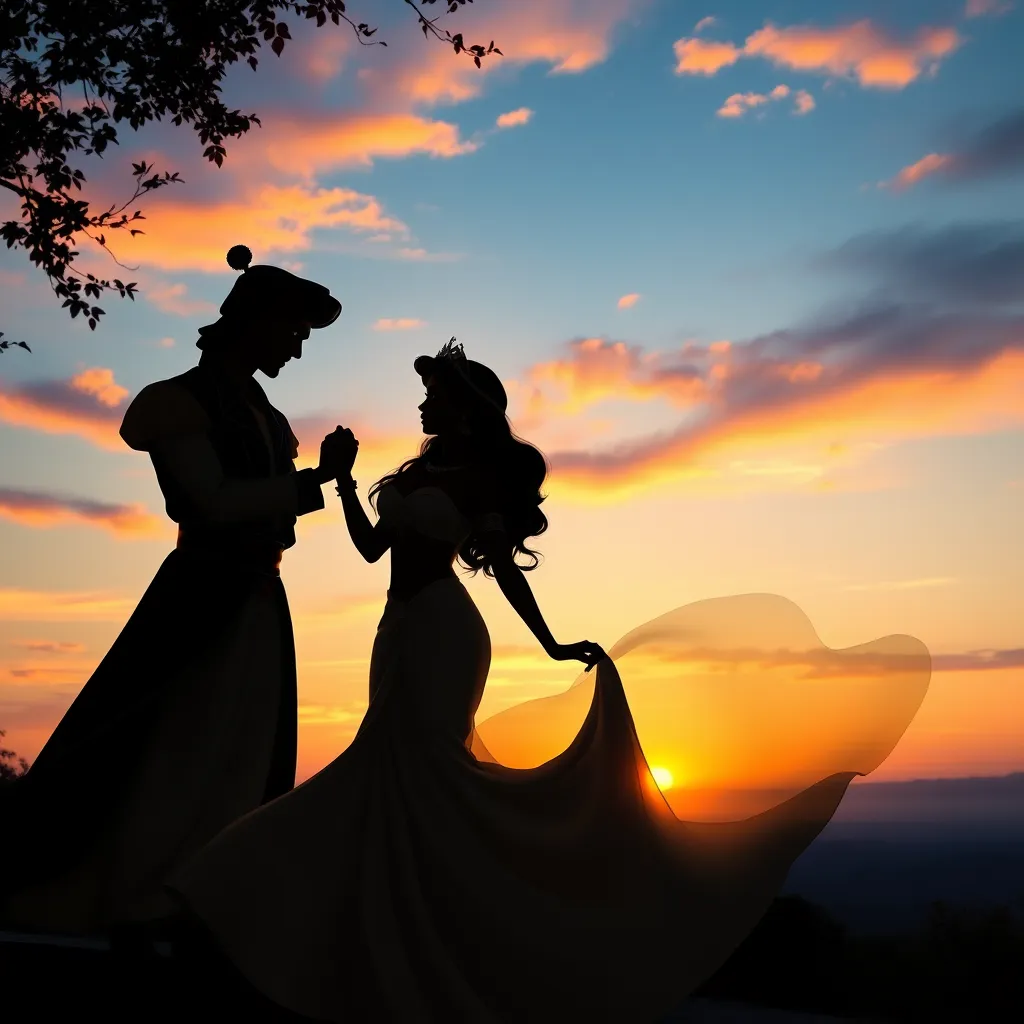 A romantic evening setting with Princess Jasmine and Aladdin, silhouetted against the sunset, Jasmine in a flowing gown, her hand held gently by Aladdin's.