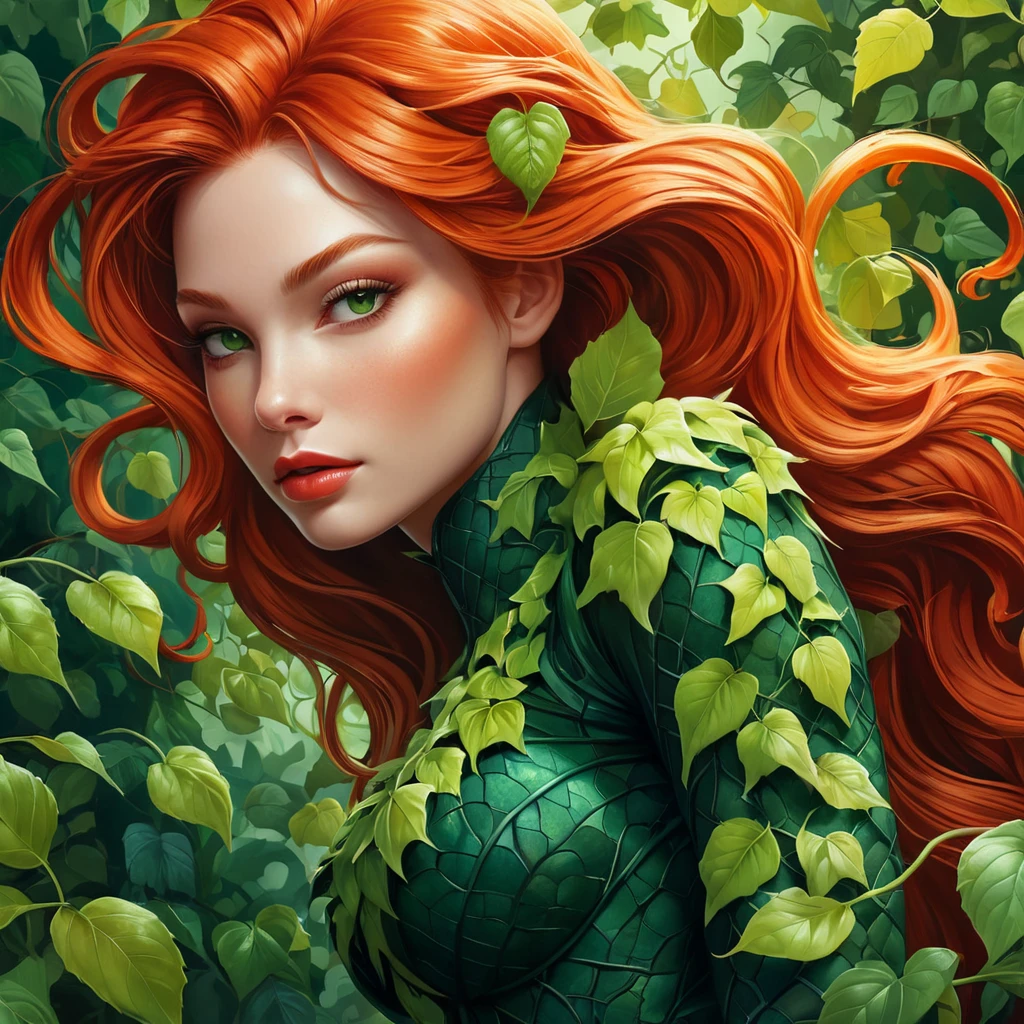 An abstract depiction of Poison Ivy, its leaves morphing into fluid shapes that intertwine and dance, colors shifting from deep green to fiery red as if alive with movement.