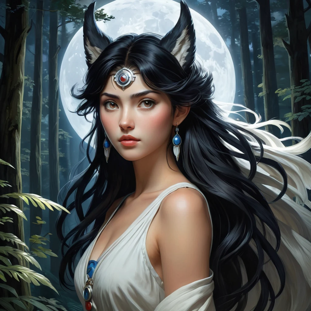 A stunning portrait of Princess Mononoke, with her wild, black hair flowing around her shoulders, set against a backdrop of dense, mystical forest, illuminated by moonlight.