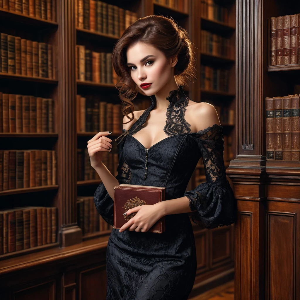 A seductive female vampire, her hair as dark as night, wearing a vintage lace dress, leaning against a grand, mahogany bookcase in a dimly lit, Victorian-era library, holding an ancient, leather-bound tome.