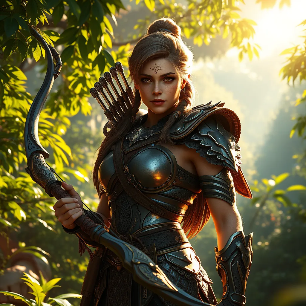 Aloy from Horizon Zero Dawn, standing amidst a vibrant, overgrown forest, her bow in hand, sunlight filtering through the leaves to cast a golden glow on her determined face, detailed armor reflecting the dappled light