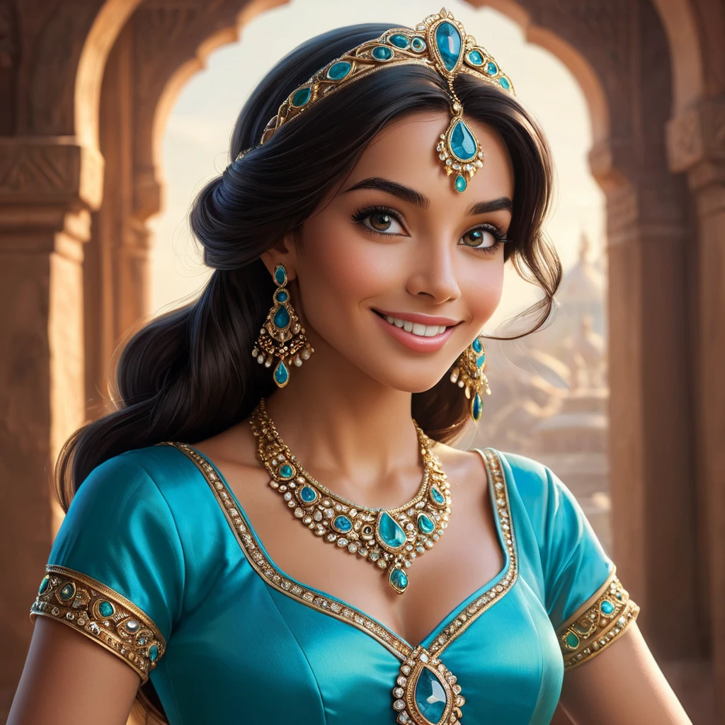 A close-up of Princess Jasmine's confident smile, adorned with intricate jewelry, her gaze directed towards the horizon, symbolizing her adventurous spirit.