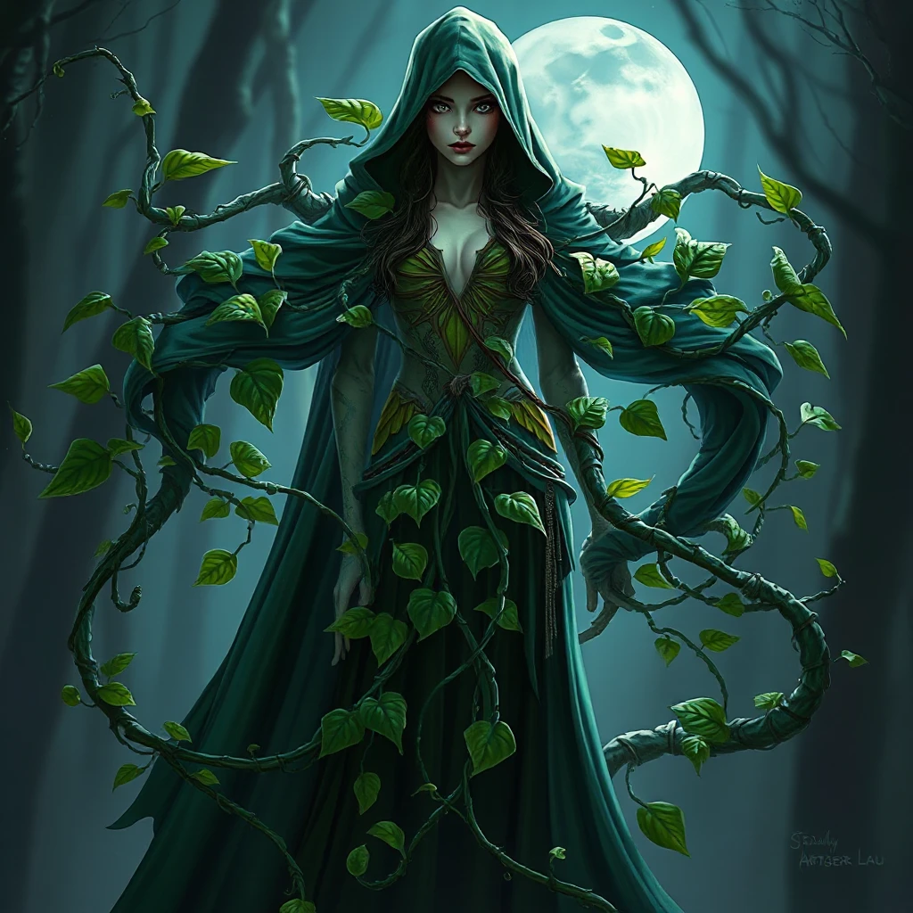 A digital illustration of Poison Ivy as a mythical creature, its vines forming a cloak around a mysterious figure, leaves shimmering with an otherworldly glow in the moonlight.