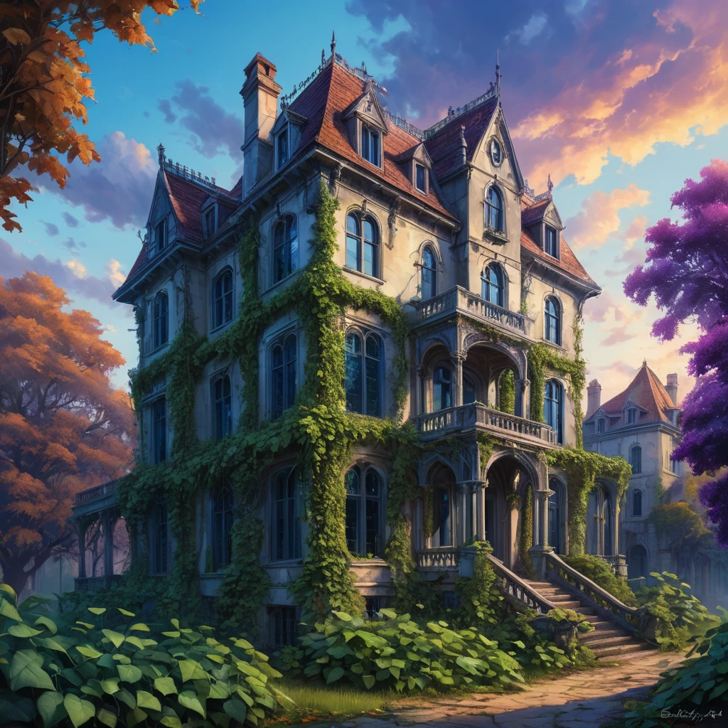 A surreal landscape where Poison Ivy vines twist and turn, creating a living tapestry against a backdrop of a crumbling Gothic mansion, the sky painted with hues of deep purple and blue.