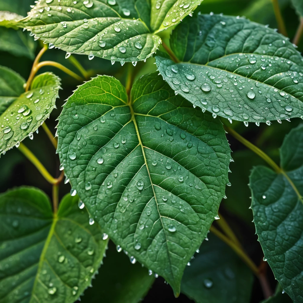 A close-up macro shot of Poison Ivy leaves, each leaf intricately detailed with a vibrant green hue and subtle veins, dew drops glistening on the surface under a soft morning light.