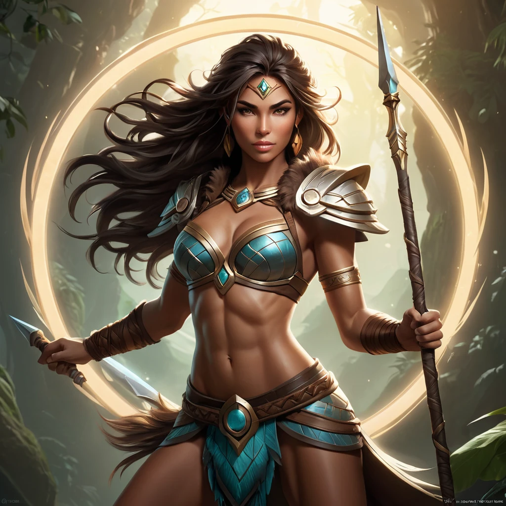 Create an image of Nidalee in her warrior stance, her spear held high, with a dynamic lighting effect that highlights her muscular physique and the wild, untamed mane of her hair, surrounded by a circle of glowing tribal symbols.