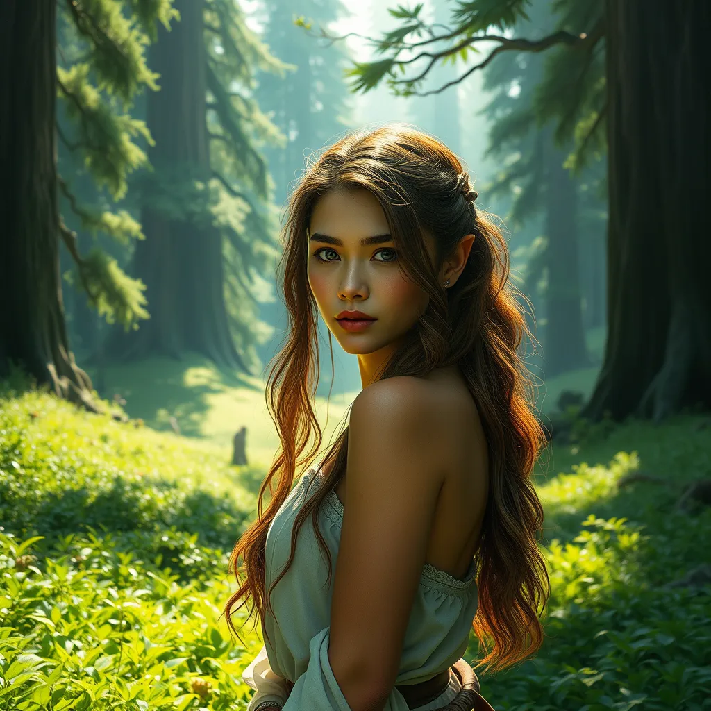 Aloy, in a lush, green valley, surrounded by towering, ancient trees, her face lit by the soft, diffused light of the forest, her pose relaxed yet ready, the environment serene and peaceful