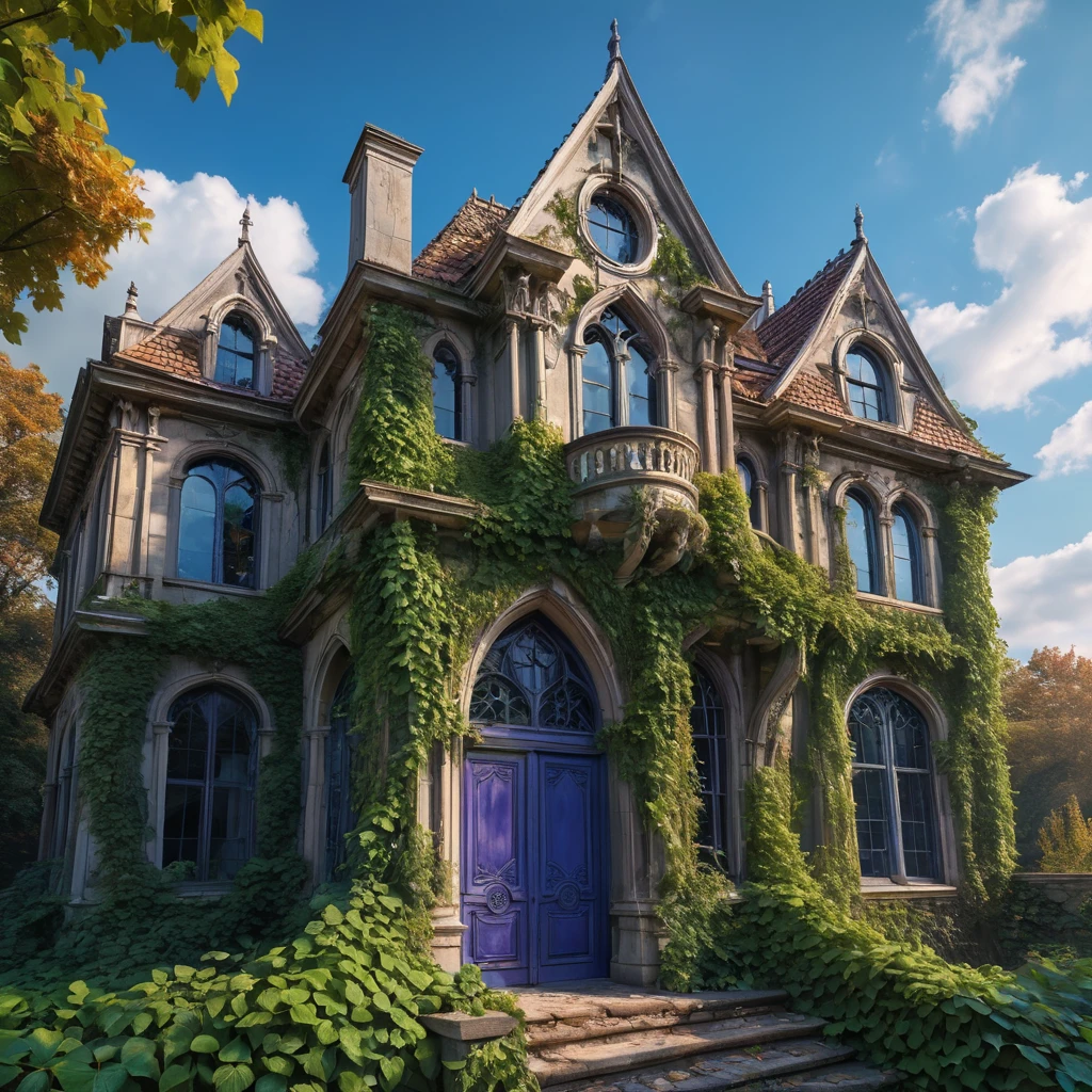 A surreal landscape where Poison Ivy vines twist and turn, creating a living tapestry against a backdrop of a crumbling Gothic mansion, the sky painted with hues of deep purple and blue.