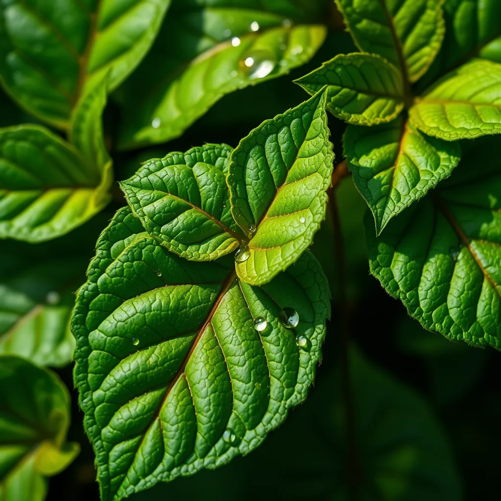 A close-up macro shot of Poison Ivy leaves, each leaf intricately detailed with a vibrant green hue and subtle veins, dew drops glistening on the surface under a soft morning light.