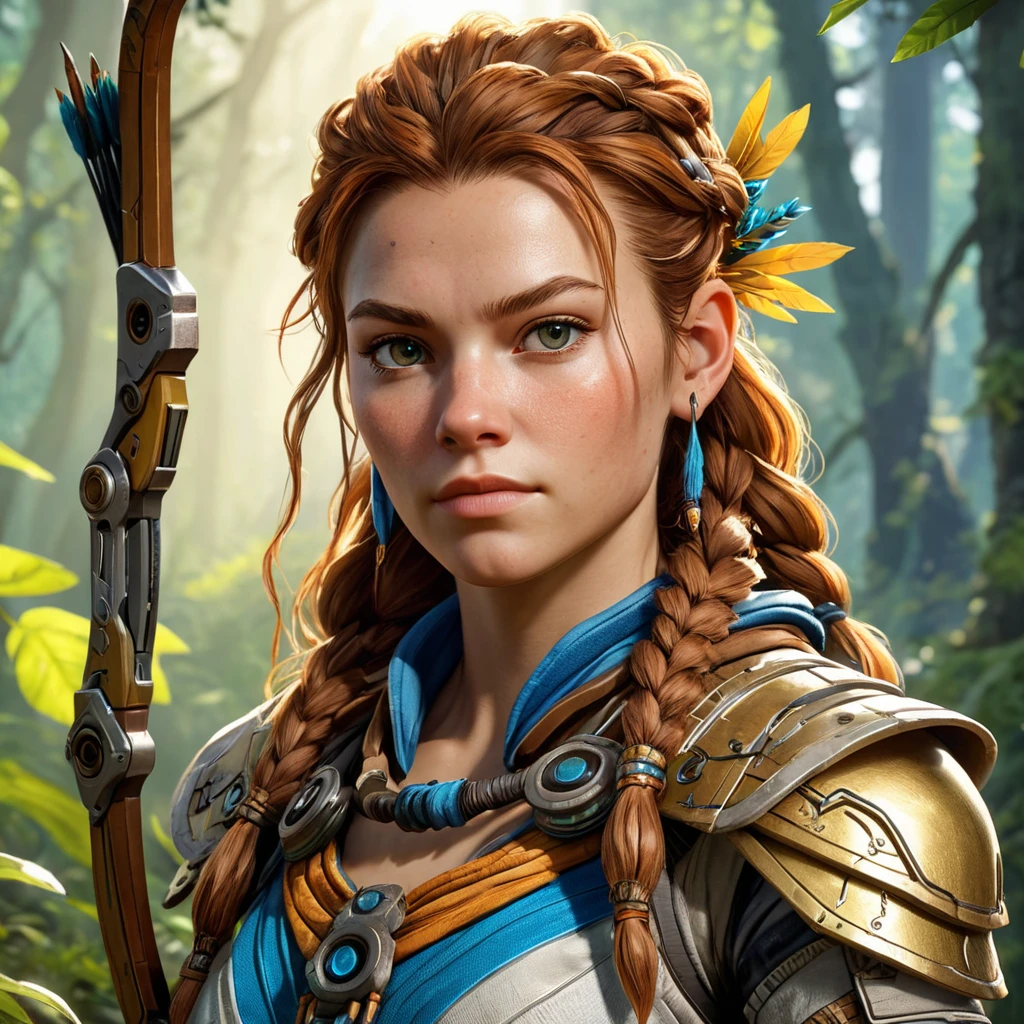 Aloy from Horizon Zero Dawn, standing amidst a vibrant, overgrown forest, her bow in hand, sunlight filtering through the leaves to cast a golden glow on her determined face, detailed armor reflecting the dappled light