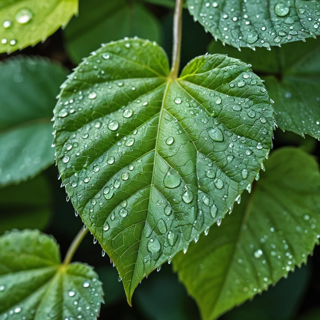 A close-up macro shot of Poison Ivy leaves, each leaf intricately detailed with a vibrant green hue and subtle veins, dew drops glistening on the surface under a soft morning light.