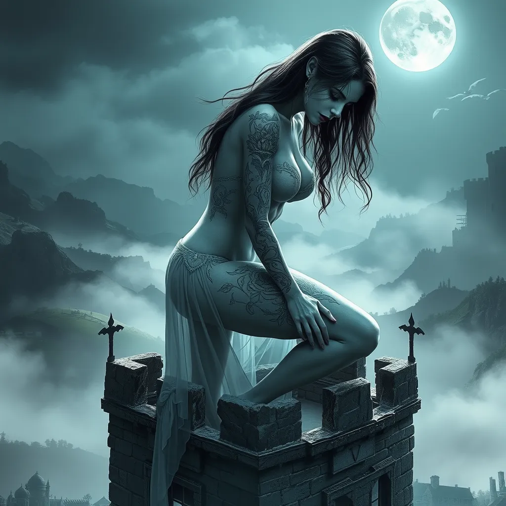 An ethereal female vampire, her skin pale as snow, adorned with intricate tattoos that shimmer in the moonlight, perched atop a crumbling castle turret, overlooking a misty, medieval landscape.