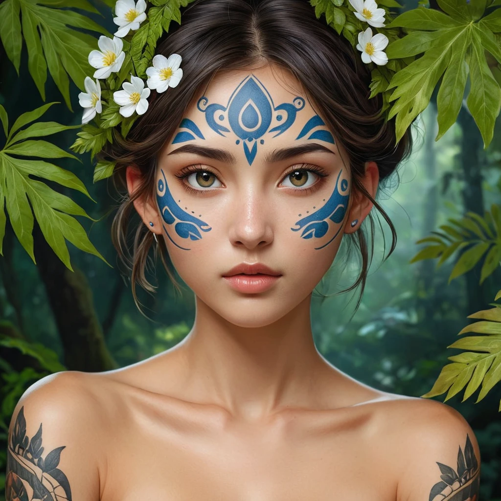 A close-up of Princess Mononoke's face, her features delicate yet strong, with intricate tattoos symbolizing her connection to nature, under a canopy of vibrant leaves.