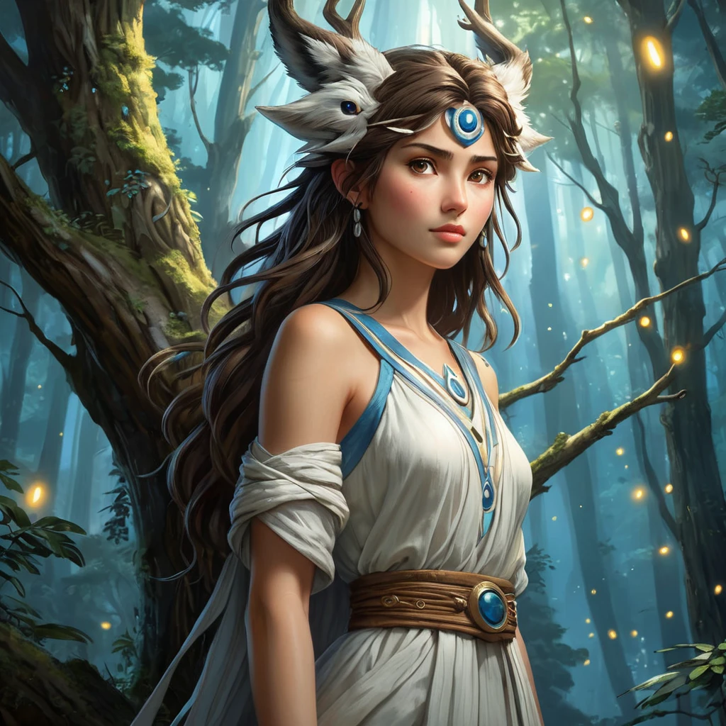 An ethereal scene of Princess Mononoke standing atop a towering tree, her eyes reflecting the wisdom of the ancient forest, surrounded by fluttering spirits and glowing fireflies.