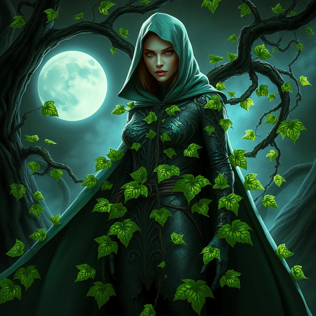 A digital illustration of Poison Ivy as a mythical creature, its vines forming a cloak around a mysterious figure, leaves shimmering with an otherworldly glow in the moonlight.