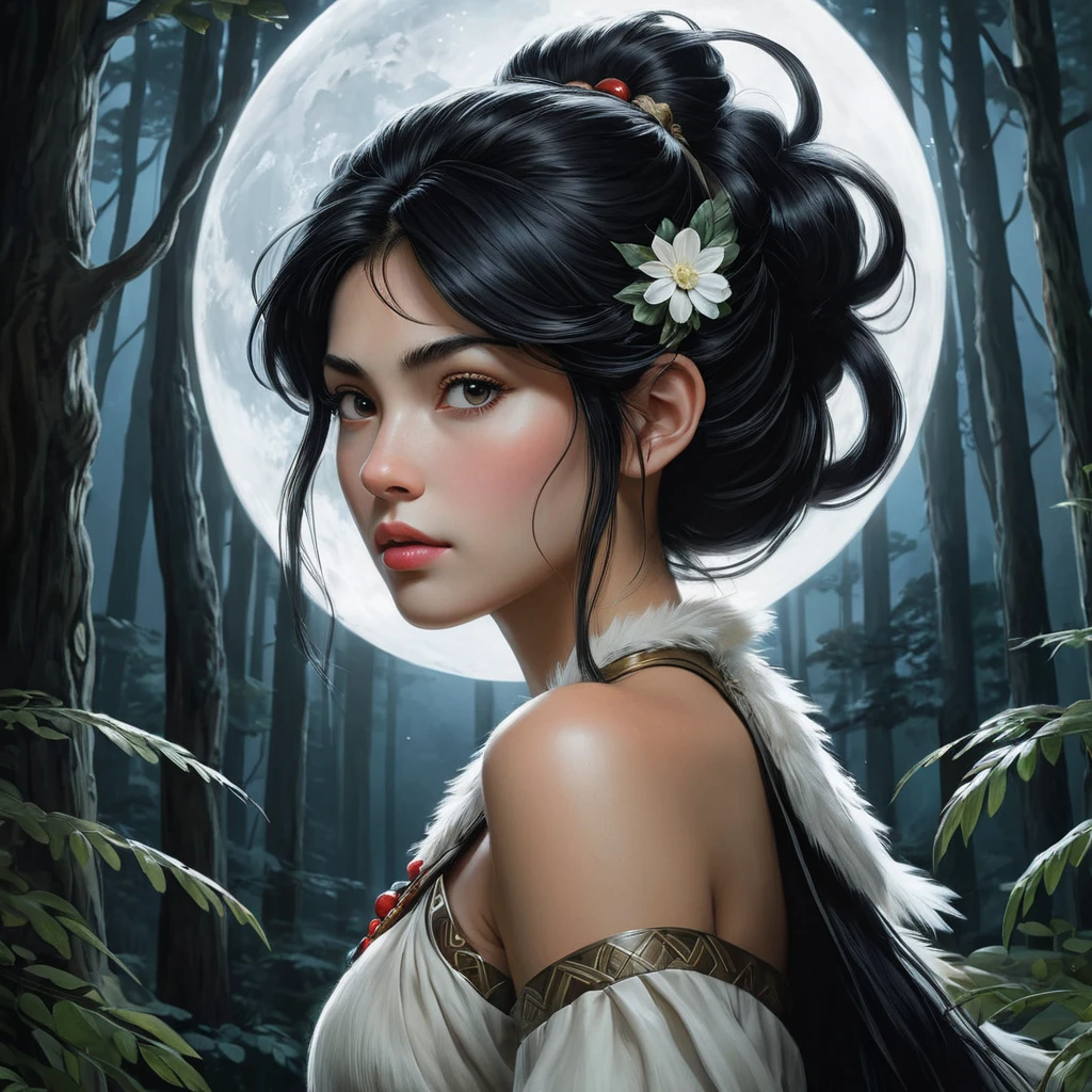 A stunning portrait of Princess Mononoke, with her wild, black hair flowing around her shoulders, set against a backdrop of dense, mystical forest, illuminated by moonlight.