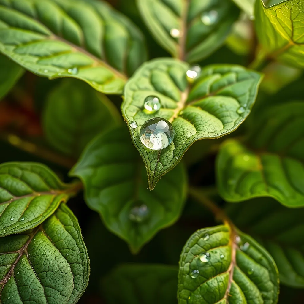 A close-up macro shot of Poison Ivy leaves, each leaf intricately detailed with a vibrant green hue and subtle veins, dew drops glistening on the surface under a soft morning light.