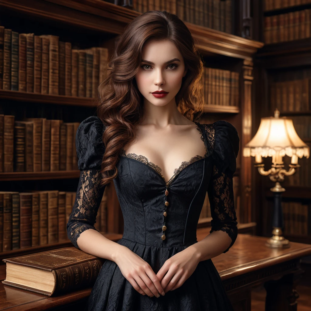 A seductive female vampire, her hair as dark as night, wearing a vintage lace dress, leaning against a grand, mahogany bookcase in a dimly lit, Victorian-era library, holding an ancient, leather-bound tome.