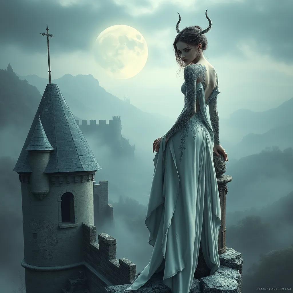 An ethereal female vampire, her skin pale as snow, adorned with intricate tattoos that shimmer in the moonlight, perched atop a crumbling castle turret, overlooking a misty, medieval landscape.