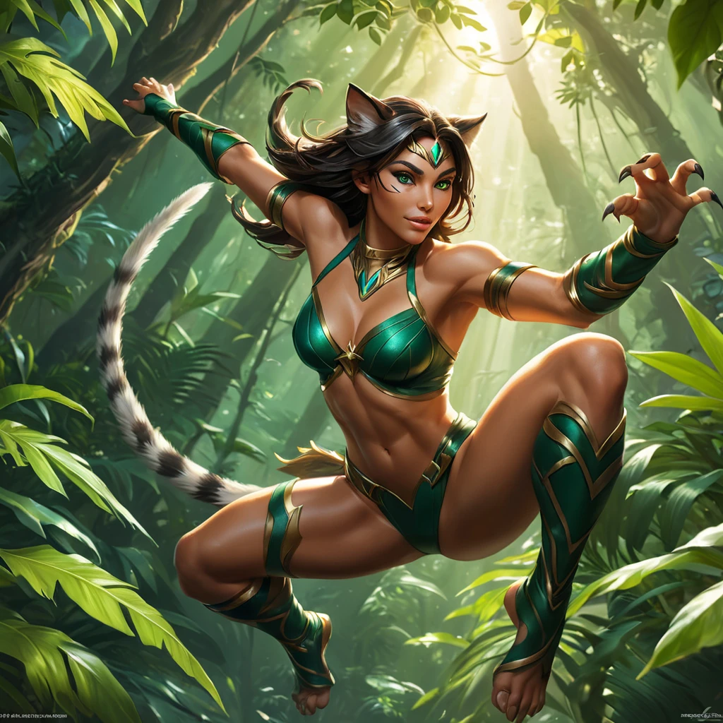 A dramatic scene of Nidalee leaping through the air, her transformation into a fierce jungle cat complete, with razor-sharp claws extended and eyes glowing with predatory intent, the background a blur of green foliage and sunlight.