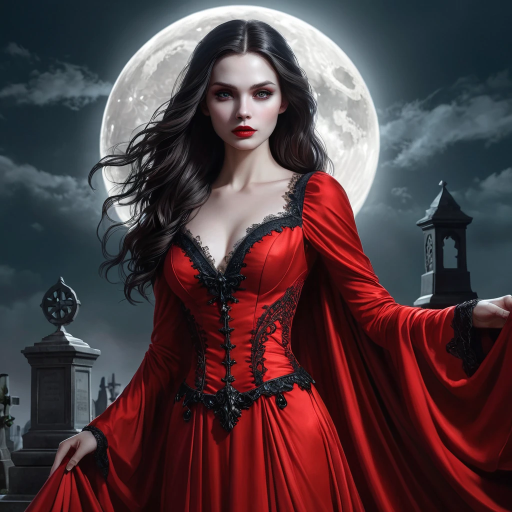 A stunning female vampire with alabaster skin, dressed in a flowing, blood-red gown, standing beneath a full moon in a gothic cemetery, her eyes glowing with an otherworldly light.