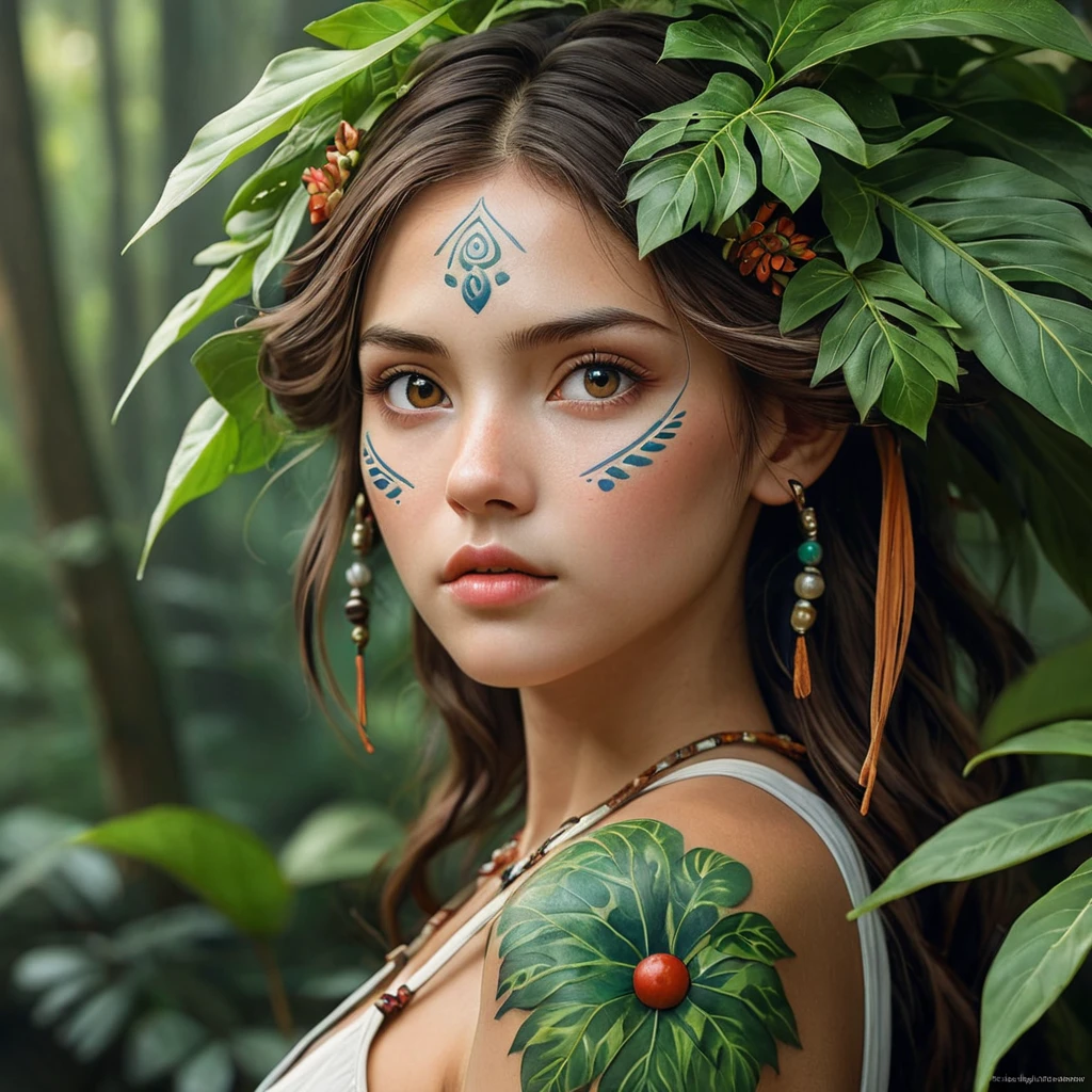 A close-up of Princess Mononoke's face, her features delicate yet strong, with intricate tattoos symbolizing her connection to nature, under a canopy of vibrant leaves.