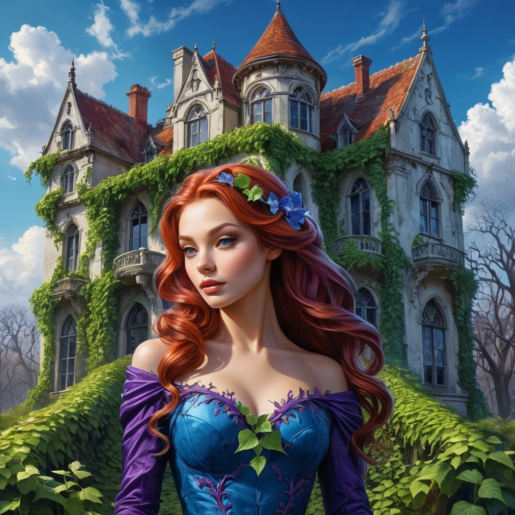 A surreal landscape where Poison Ivy vines twist and turn, creating a living tapestry against a backdrop of a crumbling Gothic mansion, the sky painted with hues of deep purple and blue.