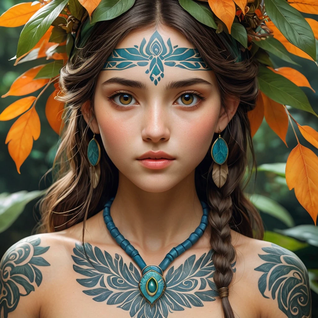 A close-up of Princess Mononoke's face, her features delicate yet strong, with intricate tattoos symbolizing her connection to nature, under a canopy of vibrant leaves.