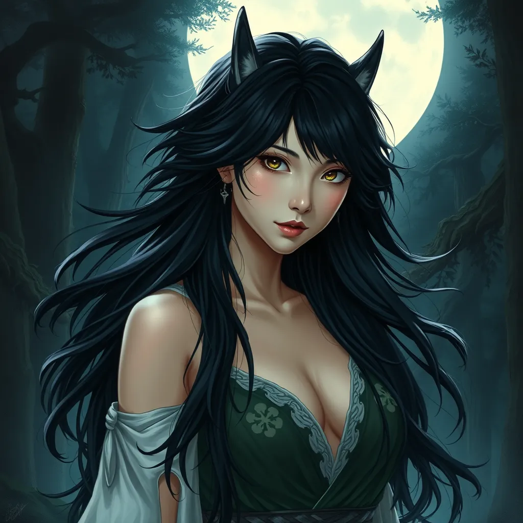 A stunning portrait of Princess Mononoke, with her wild, black hair flowing around her shoulders, set against a backdrop of dense, mystical forest, illuminated by moonlight.